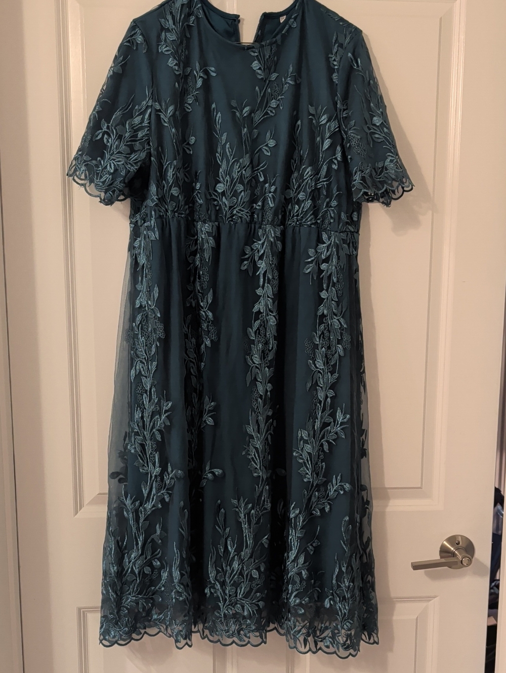 Teal Embroidered Short-Sleeve Midi Dress